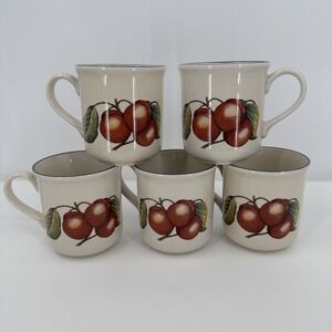 Staffordshire Tableware 5 Autumn Fayre 10 oz Mugs Cherries on Cream Blue Rim